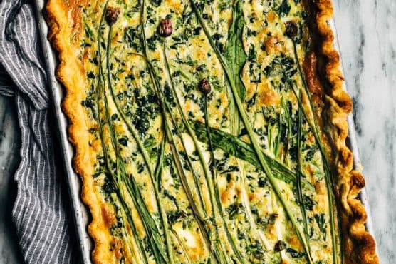 sheet pan spinach quiche with spring alliums