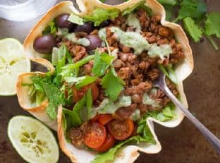 Lentil Walnut Vegan Taco Salad in a Crispy Tortilla Bowl
