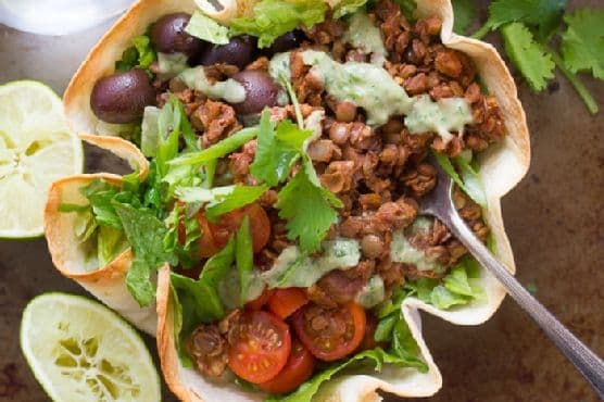 Lentil Walnut Vegan Taco Salad in a Crispy Tortilla Bowl