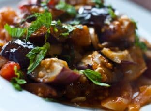 Charred Eggplant and Tomatoes with Harissa and Mint