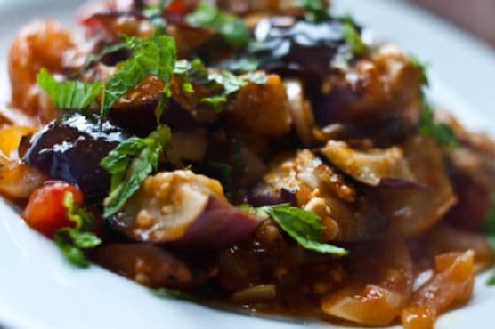 Charred Eggplant and Tomatoes with Harissa and Mint