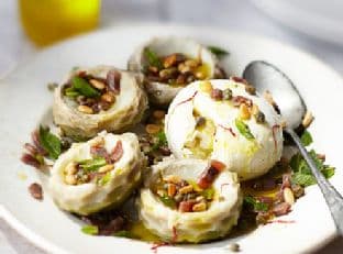 Sicilian-style artichoke hearts with burrata