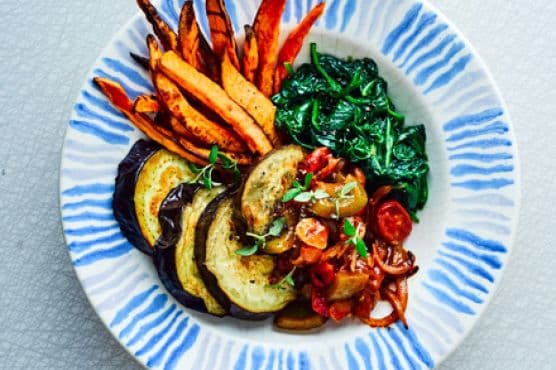 Roast aubergine with goulash sauce & sweet potato fries
