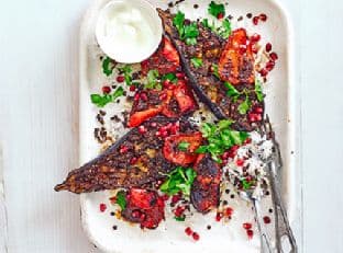 Spice-crusted aubergines & peppers with pilaf