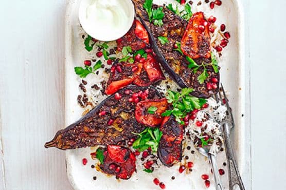 Spice-crusted aubergines & peppers with pilaf