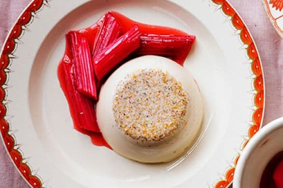 Tonka bean panna cotta with roasted rhubarb