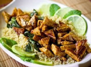 Sweet Chili Lime Tofu With Wok Steamed Collards And Quinoa