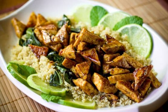 Sweet Chili Lime Tofu With Wok Steamed Collards And Quinoa