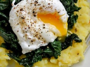 Golden Saffron Mashed Potatoes with Hearty Greens and a Poached Egg