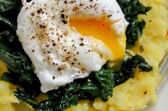 Golden Saffron Mashed Potatoes with Hearty Greens and a Poached Egg