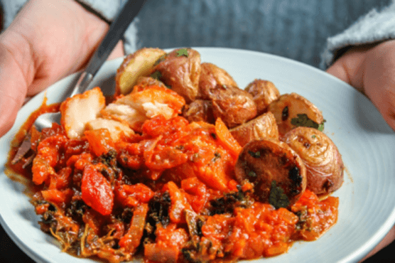 Butter and Tomato Poached White Fish