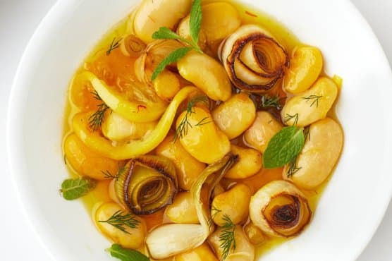 Bean Confit With Lemon, Saffron, and All the Alliums