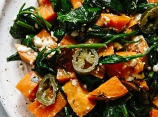 Roasted Sweet Potatoes and Spinach with Pickled Jalapeno Dressing