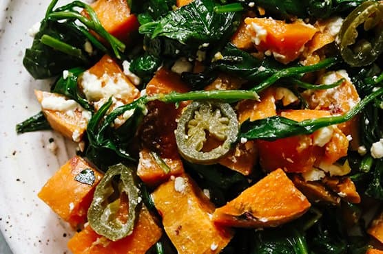 Roasted Sweet Potatoes and Spinach with Pickled Jalapeno Dressing