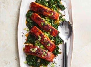 Gochujang-Glazed Salmon with Garlic Spinach