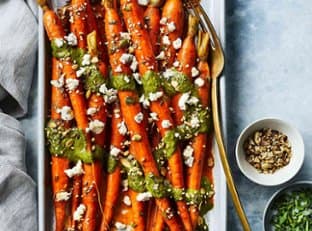 Glazed Carrots with Green Harissa & Benne Seed Crunch