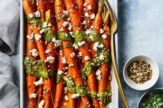 Glazed Carrots with Green Harissa & Benne Seed Crunch