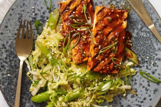 Grilled Tofu with Korean BBQ Glaze & Stir-Fried Napa Cabbage
