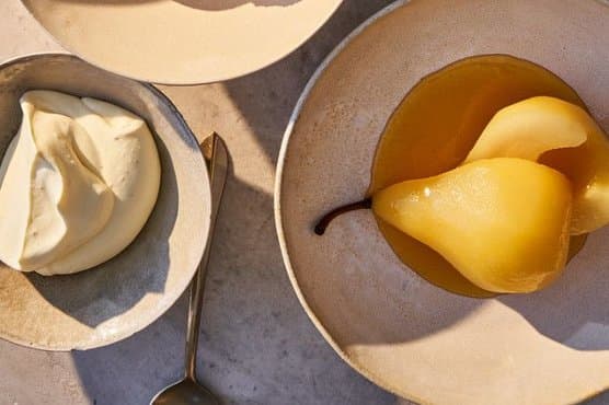 Poached Pears with Saffron Whipped Cream