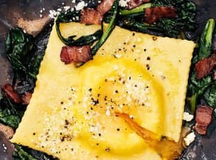Ricotta Raviolo with Garlicky Greens