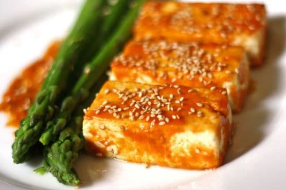 Broiled Tofu with Miso Glaze and Asparagus