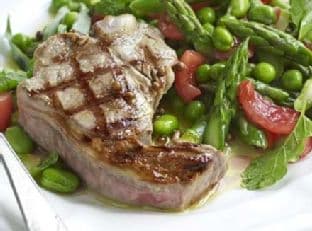 Warm salad of spring vegetables with griddled lamb