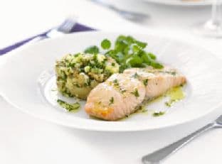 Confit of salmon with new potato & crab crush & dill drizzle