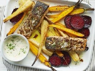 Mustard salmon & veg bake with horseradish sauce