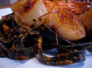 Tagliatelle Nero Di Seppia With Roasted Red Pepper Pesto & Scal