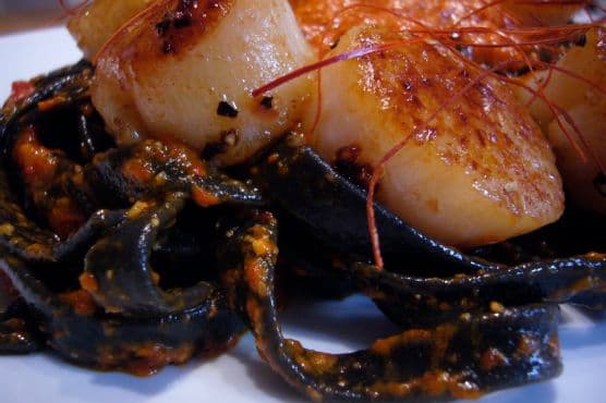 Tagliatelle Nero Di Seppia With Roasted Red Pepper Pesto & Scal