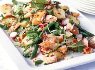 Hot-smoked salmon salad with a chilli lemon dressing