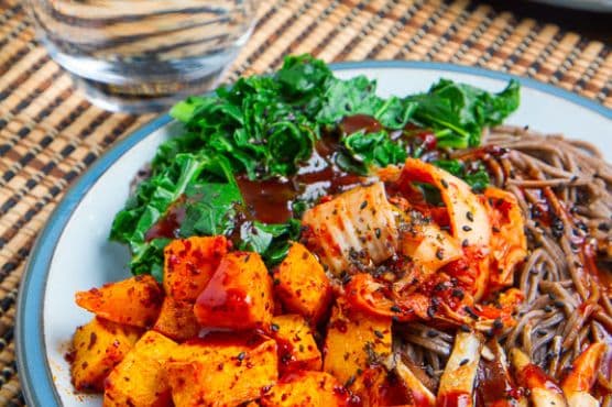 Roasted Butternut Squash, Shiitake Mushroom and Kale, Kimchi Bibimsoba