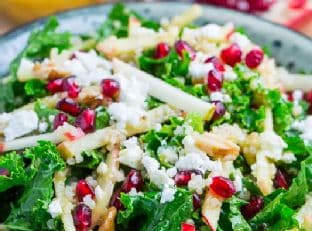 Apple and Pomegranate Quinoa and Kale Salad with Feta in a Curried Maple Dijon Dressing