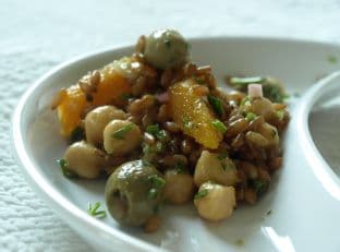 Cumin Infused Olives In Rye Garbanzo Bean Salad With Oranges