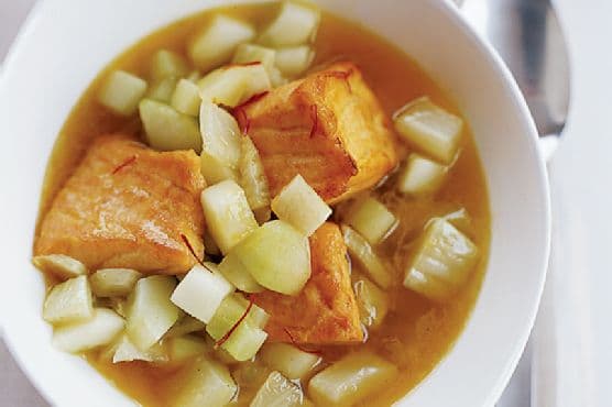 Salmon with Saffron-Braised Cucumber and Fennel