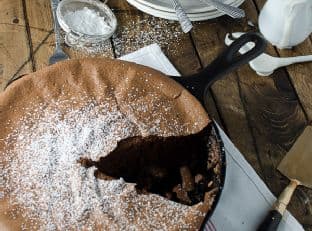 Dark Chocolate Skillet Soufflé with Tonka Bean Cream