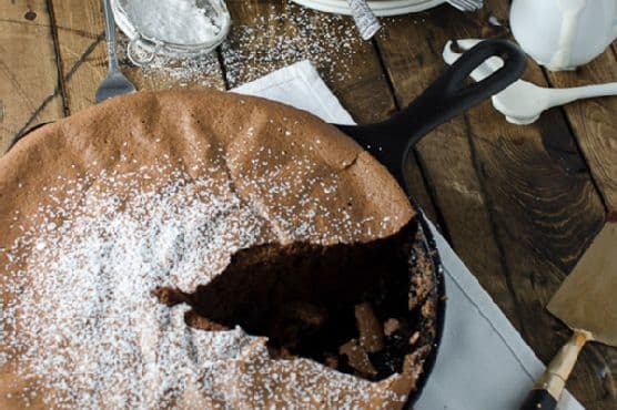 Dark Chocolate Skillet Soufflé with Tonka Bean Cream