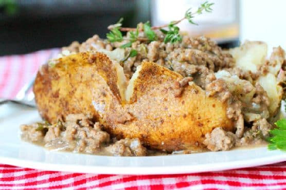 Salt Crusted Baked Potato with Thyme Ground Beef and Gravy