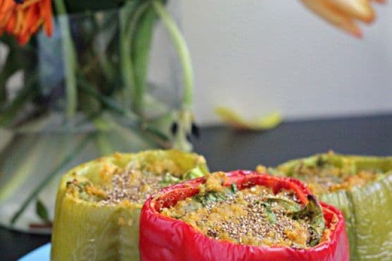 Cheesy Pumpkin Quinoa Stuffed Peppers (Vegan and Gluten Free!) & Le Creuset Giveaway!