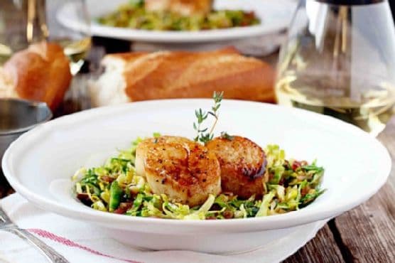 Seared Scallops on Shaved Brussels Sprouts and Crispy Pancetta