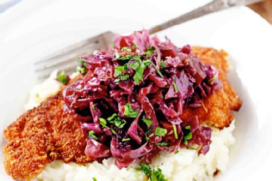 Chicken Milanese with Truffle Infused Potatoes and Braised Cabbage
