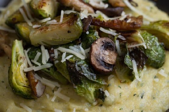 Sage Polenta Bowls with Roasted Brussels Sprouts & Wild Mushrooms