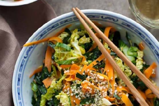 Raw Kale, Cabbage and Carrot Chopped Salad with Maple Sesame Vinaigrette