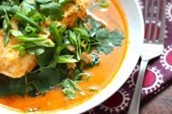 Poached Halibut in Thai Coconut Curry Broth