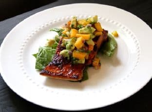 Sugar-Crusted Salmon with Avocado Peach Salsa
