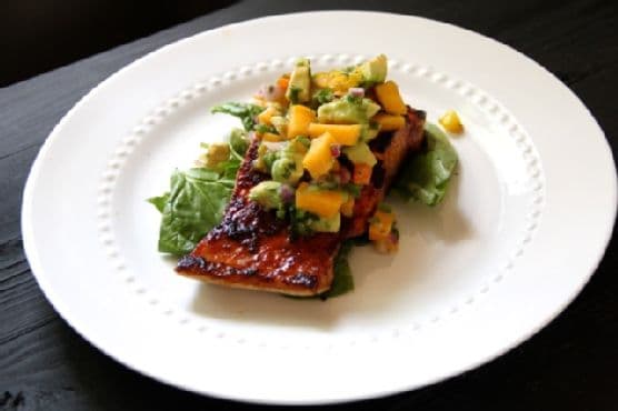 Sugar-Crusted Salmon with Avocado Peach Salsa