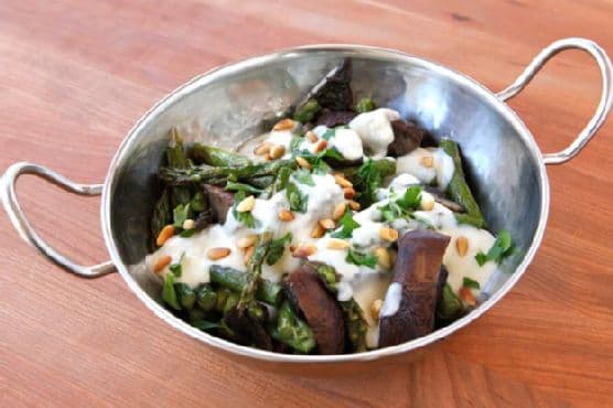 Roasted Portobellos & Asparagus with Goat Cheese Sauce