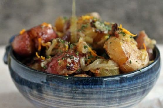Fried Smashed Potatoes with Onions and Meyer Lemon Dressing