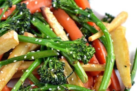 Sticky Roasted Vegetables with Sesame-Miso Dressing
