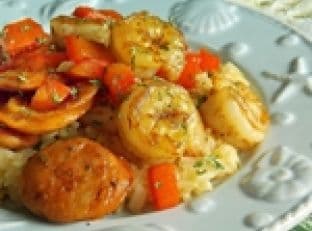 Shrimp and Andioulle Chicken Sausage Stir-Fry with Seafood Infused Jasmine Rice